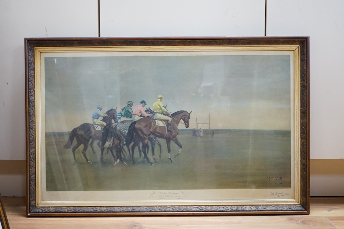 Edward Seago RBA, ARWS, RWS (1910-1974), Continental harbour view, signed in pencil together with Alfred Munnings, colour print 'October Meeting', signed in pencil, largest 49 x 66cm. Condition - poor to fair